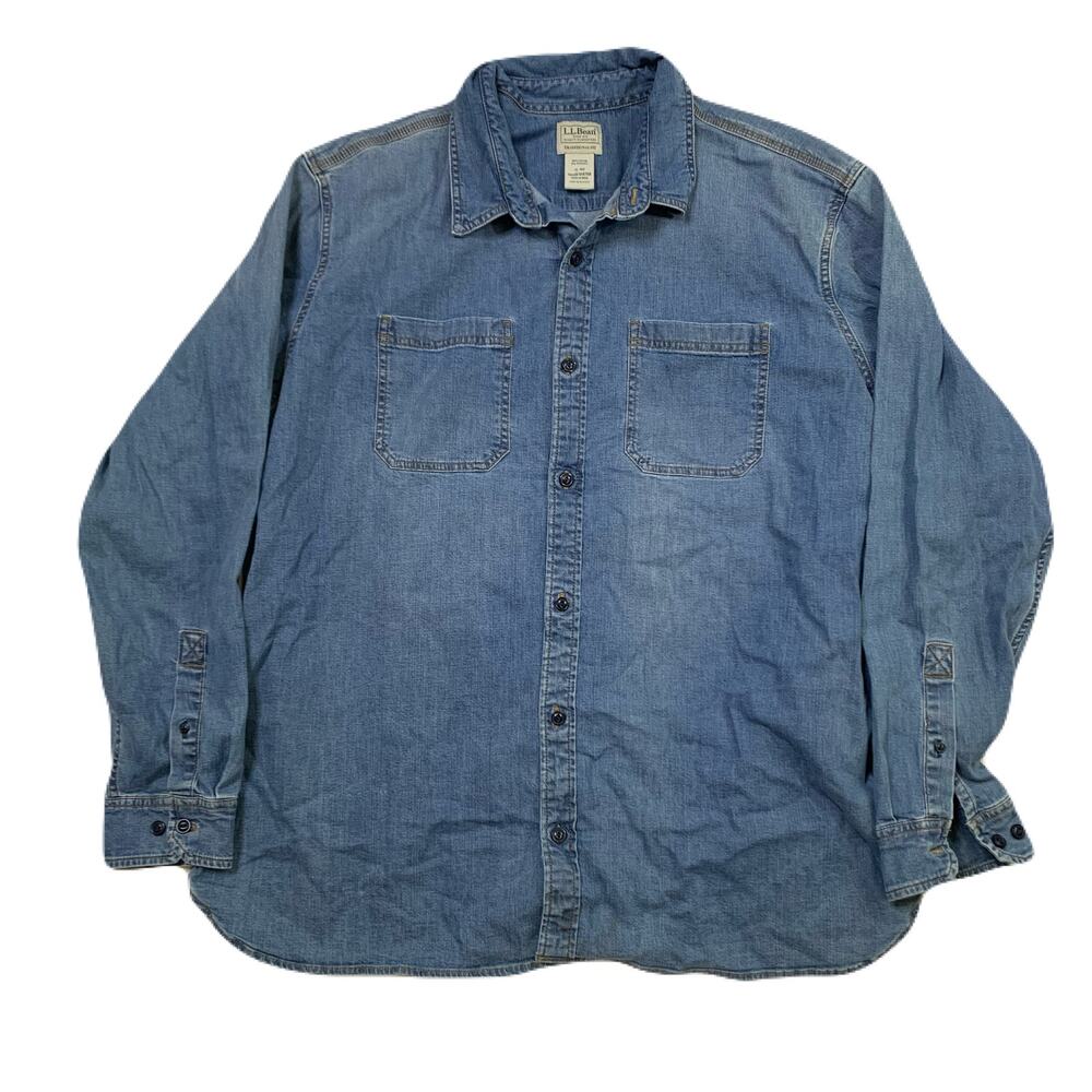 LL Bean Traditional Fit Blue Denim Utility Button Down